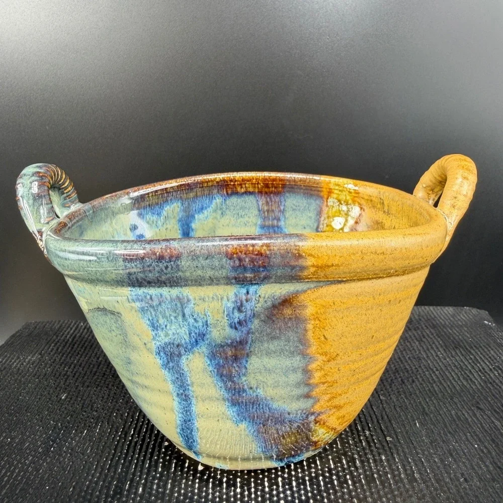 Barbara G Childs Studio Pottery Handled Bowl Dish‎ Ochre Drip Glaze Signed
